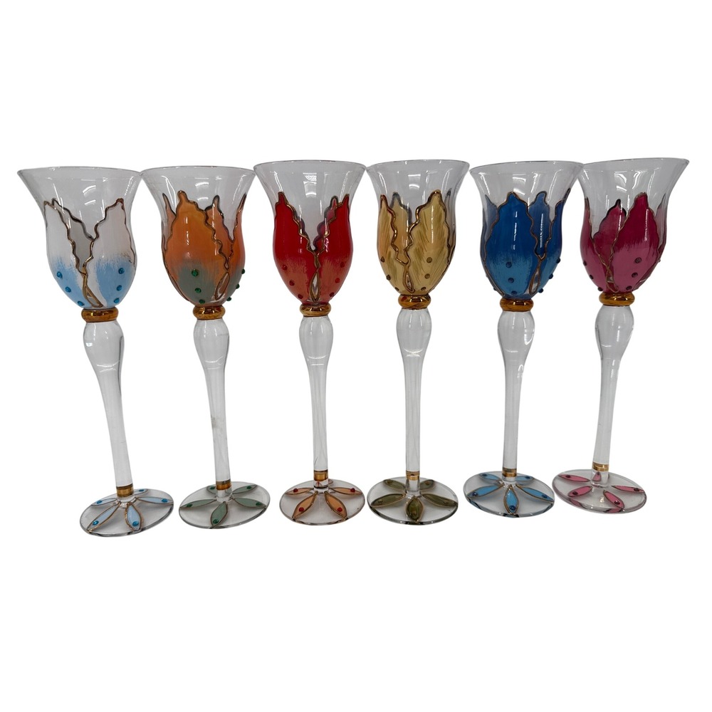 Hand Painted Wine Glass Set 7.5" Multicolor Tulip Floral Art Glass Jewel